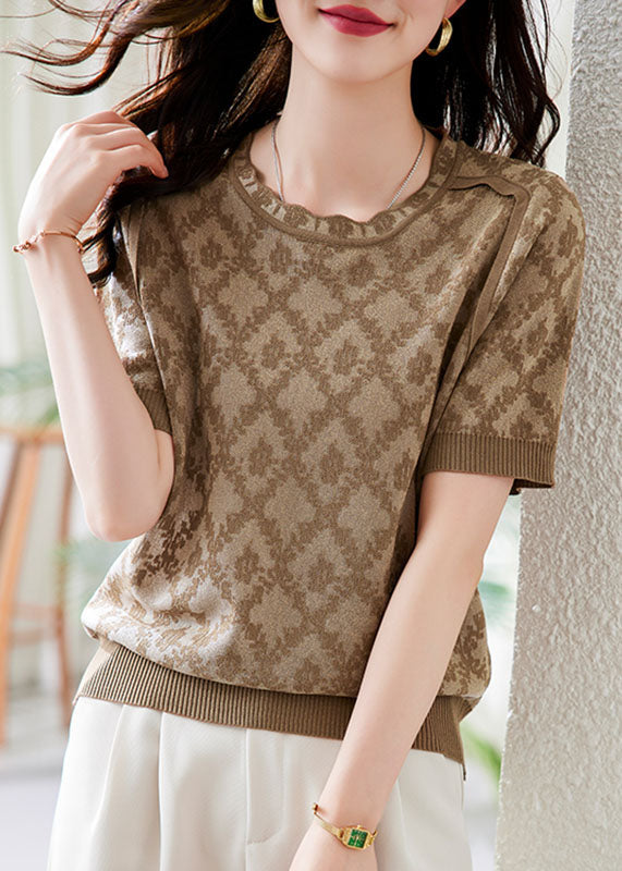 Art Khaki O-neck Print Knit Top Short Sleeve