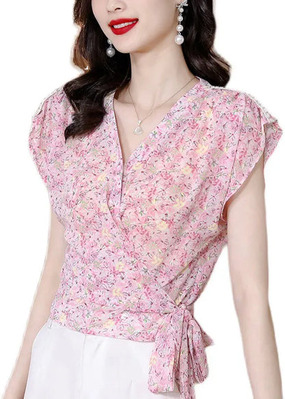 Pink V Neck Print Patchwork Chiffon Top Summer