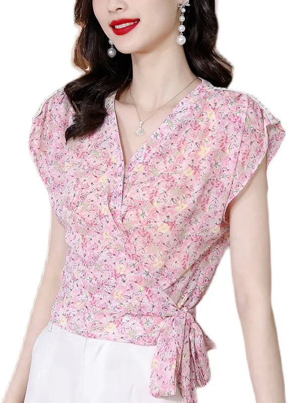 Pink V Neck Print Patchwork Chiffon Top Summer