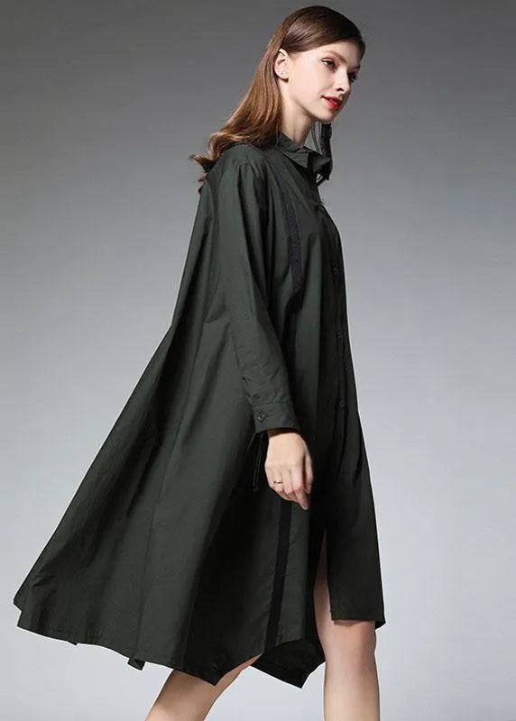 Tea Green Peterpan Collar Button Patchwork Fall Cotton Long Shirt