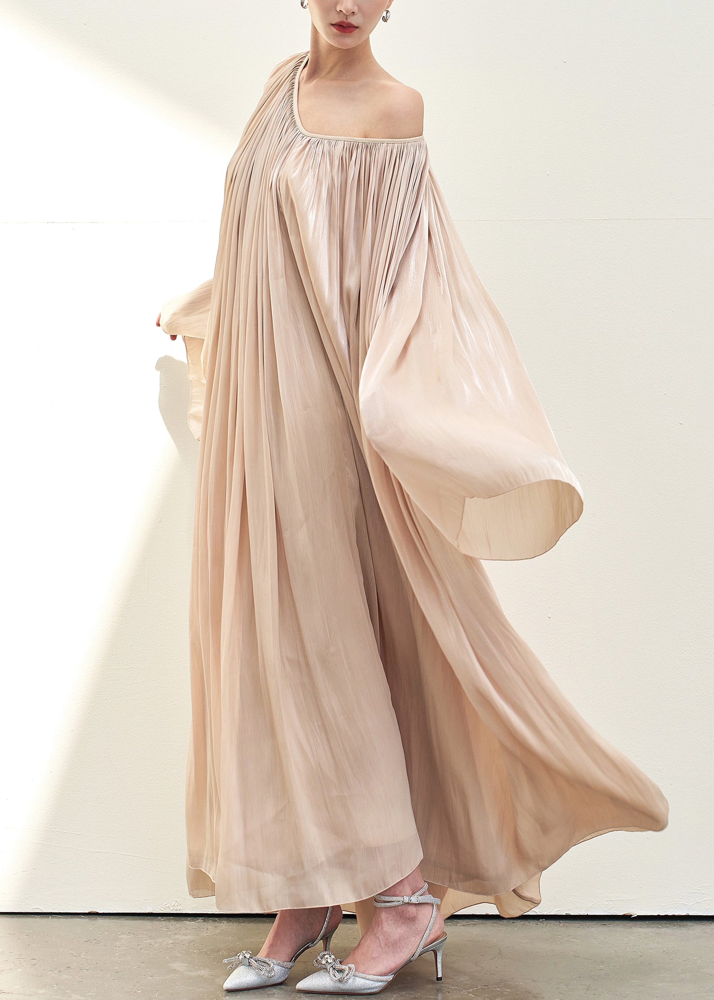 Pink V Neck Wrinkled Silk Maxi Dresses Fall