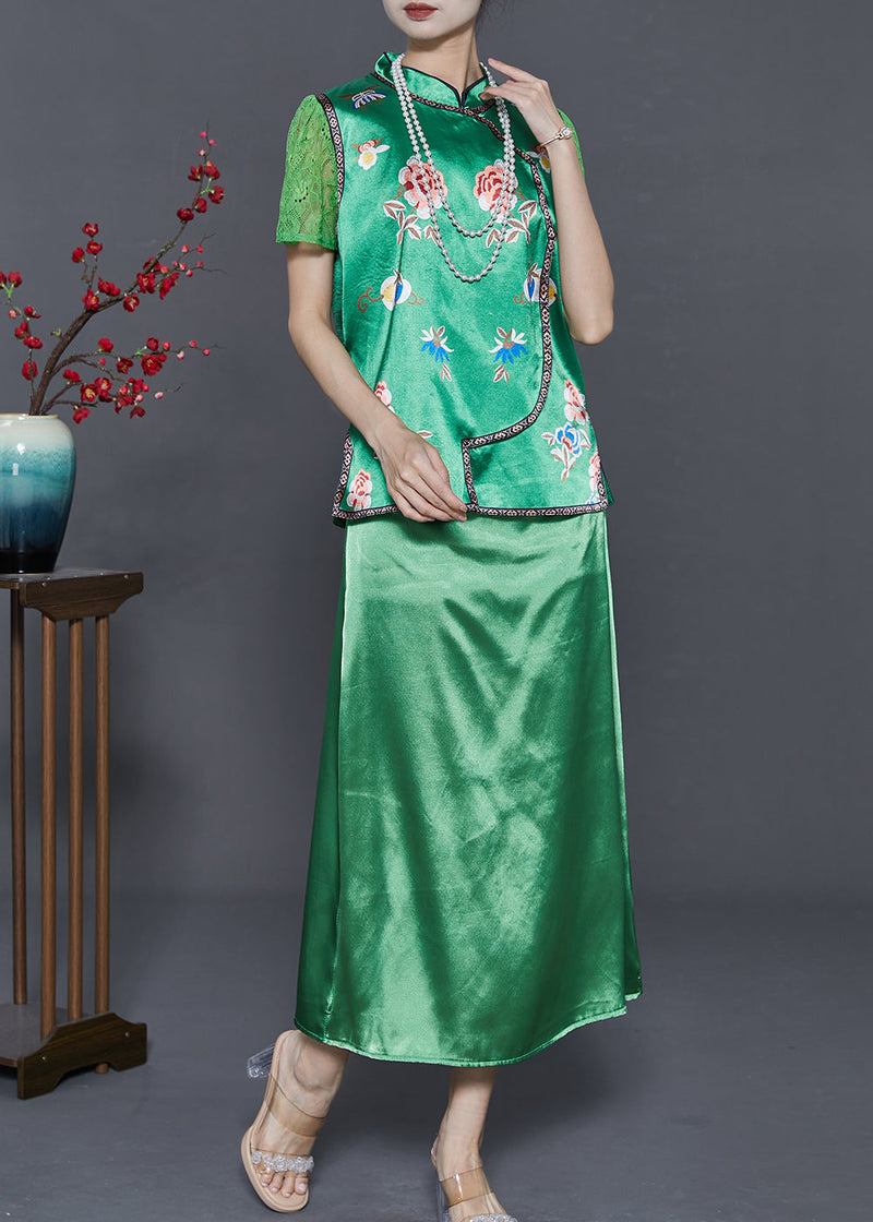 Green Embroidered Draping Silk Dresses Two Pieces Set Summer