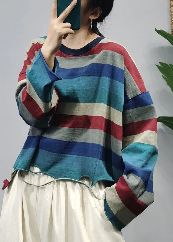 Stylish O-neck Asymmetrical Hole Striped Cotton Top Long Sleeve