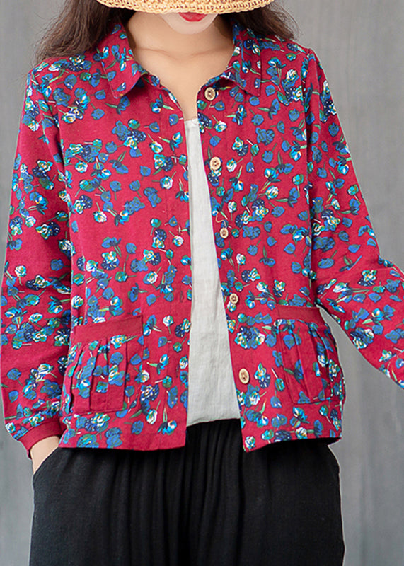 Red Print Pockets Shirts Long Sleeve