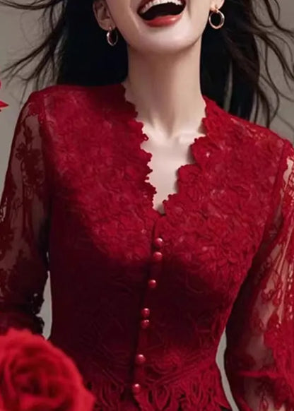 French Red V Neck Slim Fit Lace Shirt Tops Spring