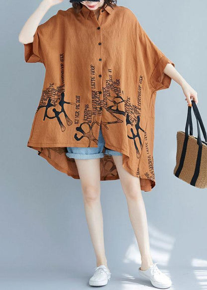Brown Graphic Low High Design Cotton Summer Shirt Tops