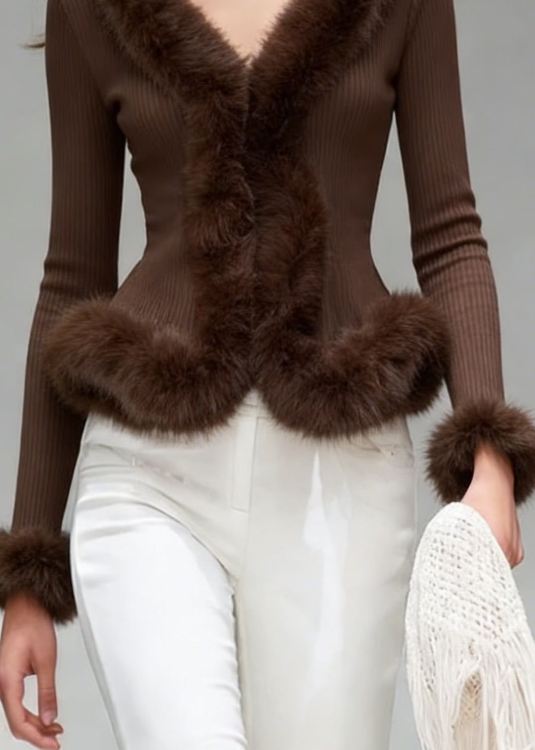 Brown V Neck Fuzzy Fur Patchwork Knit Top Spring