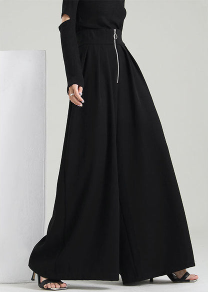 Black Zip Up Pockets Cotton Wide Leg Pants Spring