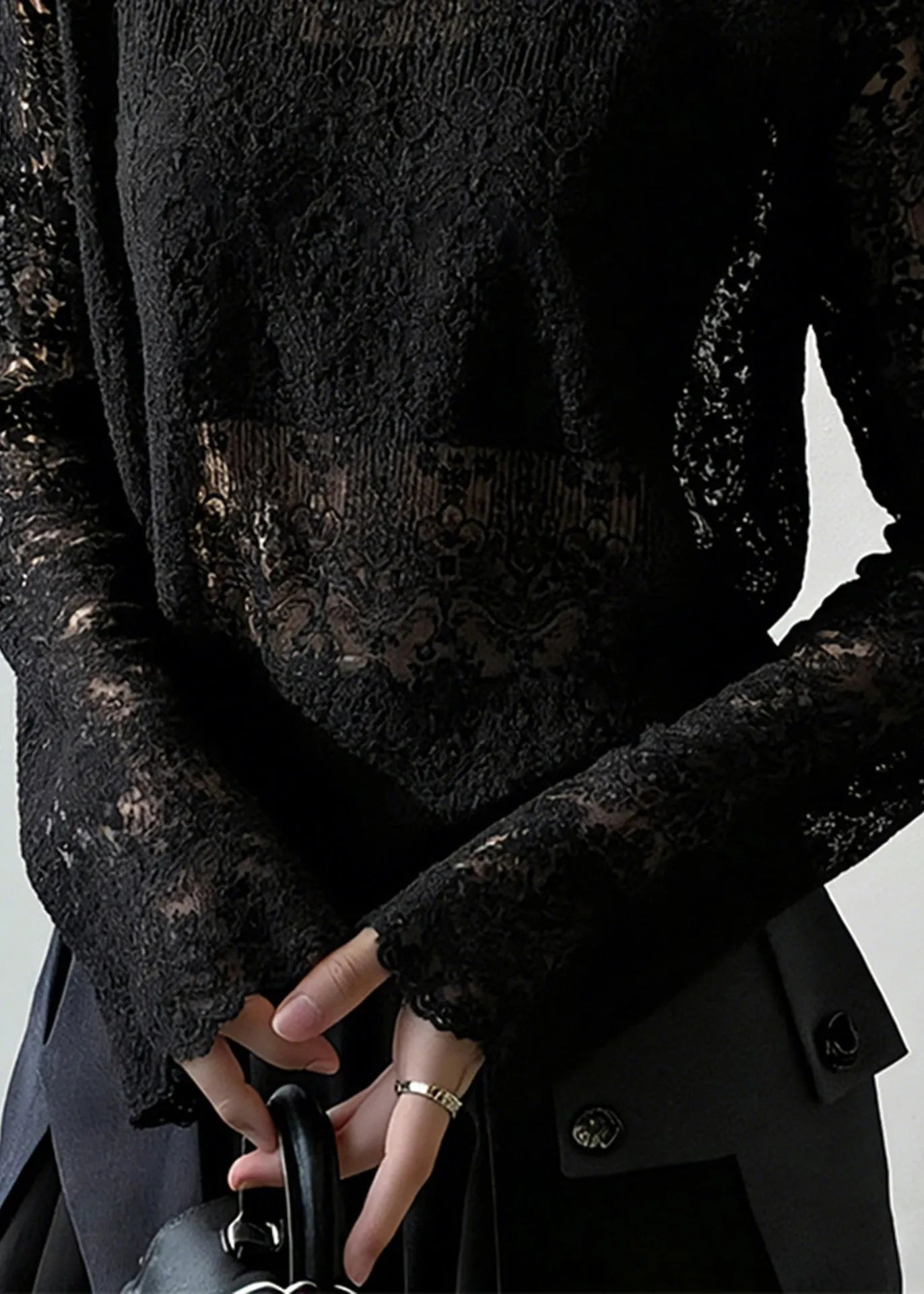 Black Jacquard Hollow Out Lace Top Spring