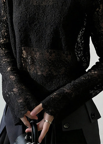 Black Jacquard Hollow Out Lace Top Spring