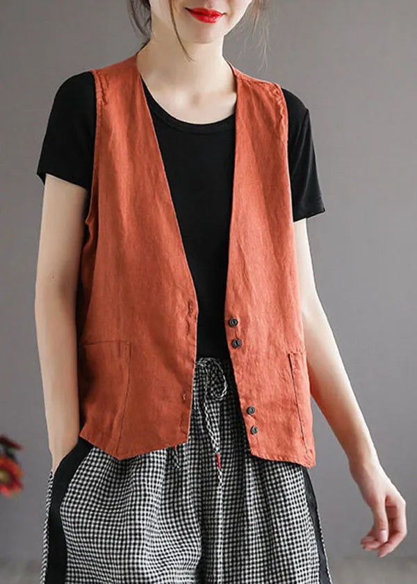 Orange V Neck Pockets Linen Vest Tops Sleeveless