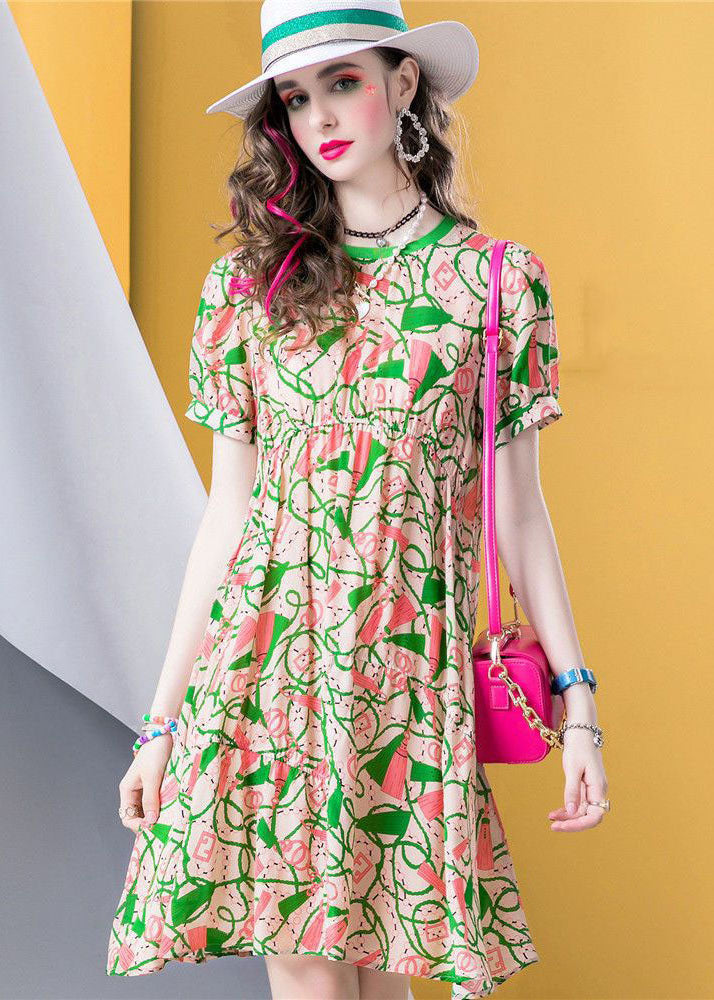 Green O Neck Print Patchwork Silk a Line Dresses Summer