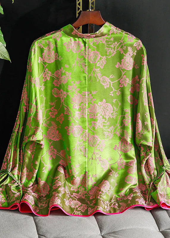 Green Stand Collar Chinese Button Patchwork Jacquard Silk Shirt Long Sleeve