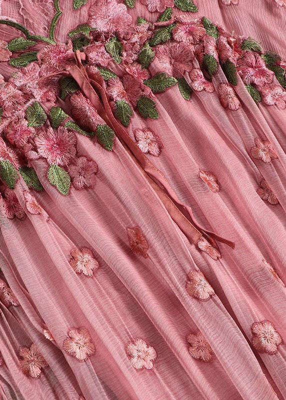 Pink Embroideried Lace Up Silk Robe Dresses Flare Sleeve