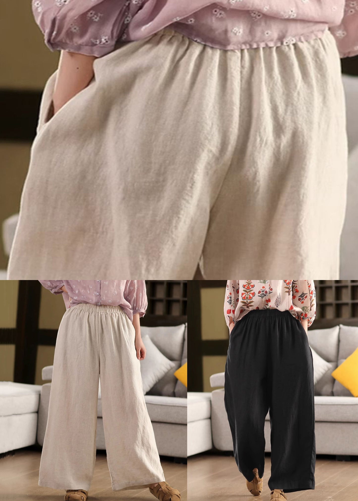 Simple Black Elastic Waist Linen Pants Summer