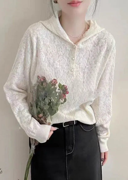 White Pearl Pockets Hooded Cotton Knit Sweaters Lantern Sleeve