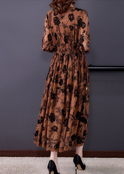 Chocolate Cinched Print Lace Long Dresses Spring