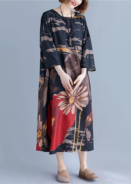 French Navy O-neck Print Summer Loose Dresses Half Sleeve
