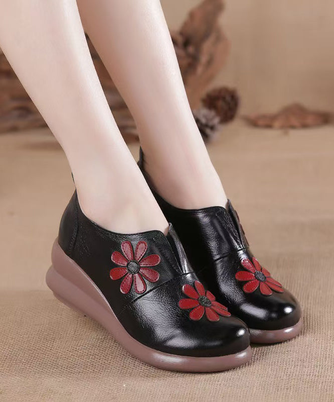 Brown Cowhide Leather Wedge Heels Shoes Splicing