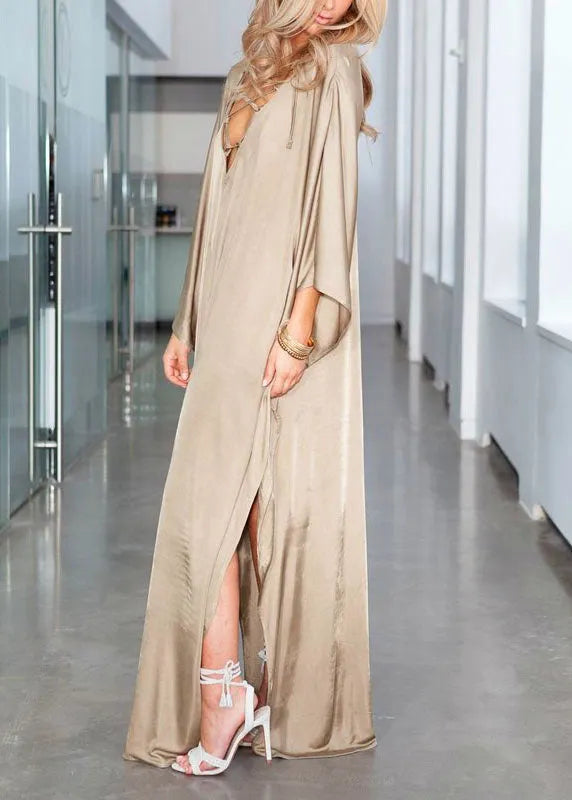 Gold Frenulum Chiffon Batwing Sleeve Kimono Robe Summer Maxi Dress
