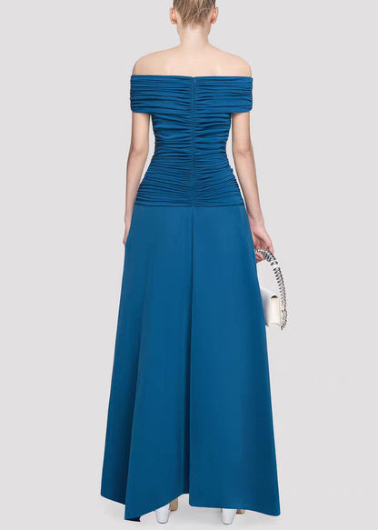 Blue Wrinkled Cotton Knit Summer Long Dresses Slash Neck