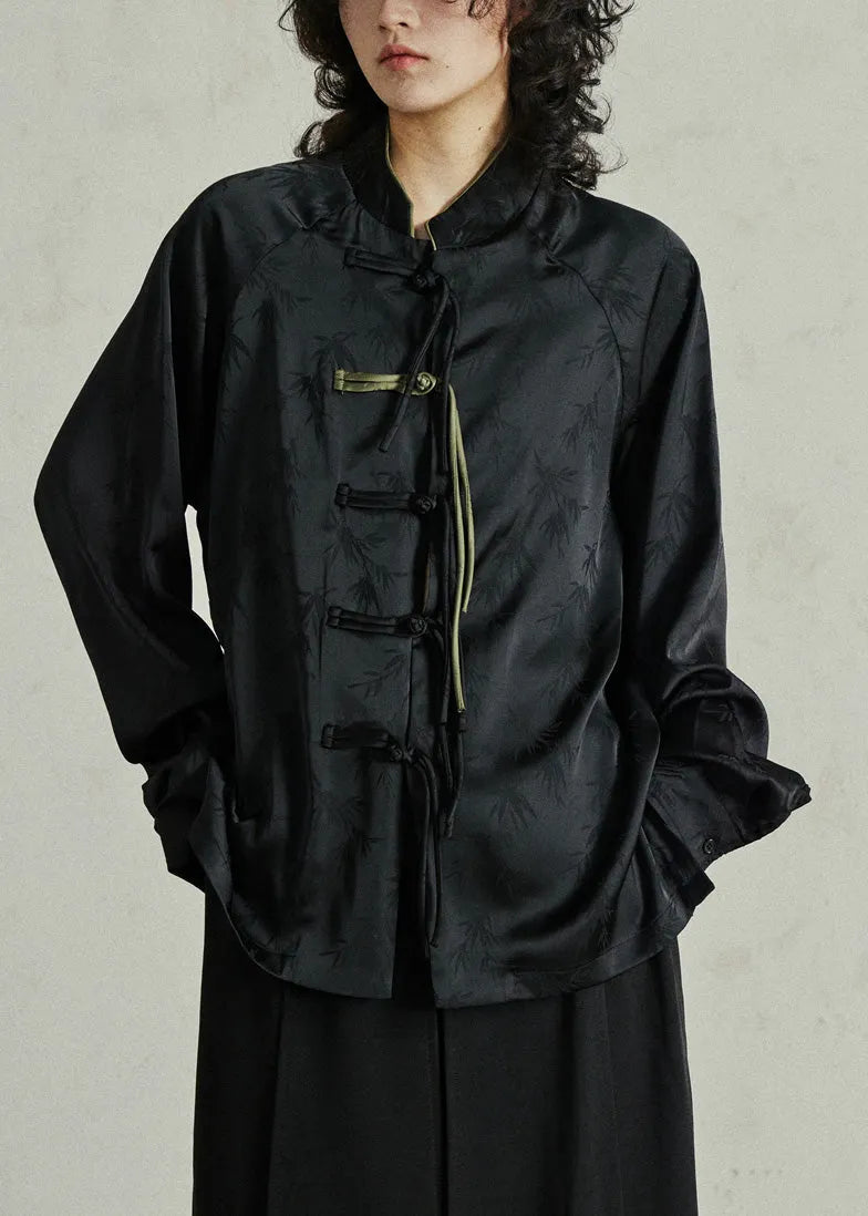 Black Button Stand Collar Top Lantern Sleeve