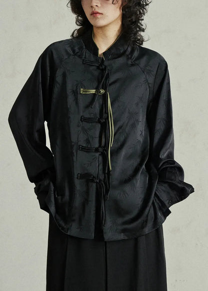 Black Button Stand Collar Top Lantern Sleeve
