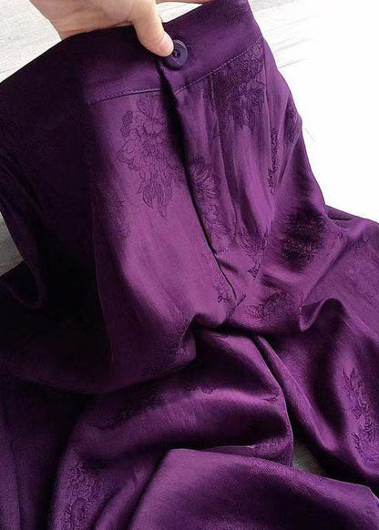 Purple Elastic Waist Pockets Jacquard Silk Wide Leg Pants Summer