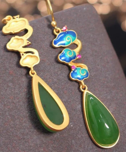 Green Sterling Silver Water Drop Hetian Jade Drop Earrings