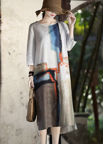 Handmade White O-neck Side Open Tie Dye Cotton Holiday Dress Summer