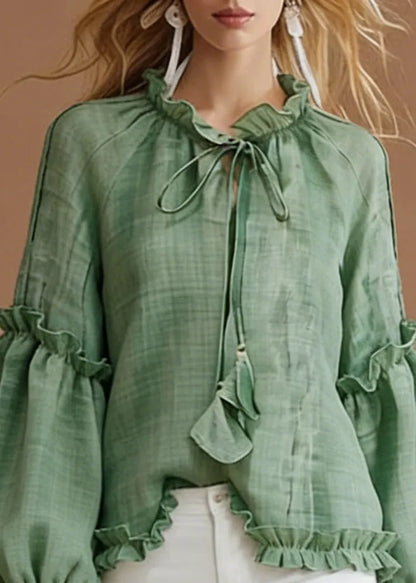 Green Lace Up Cotton Blouse Top Ruffled Spring