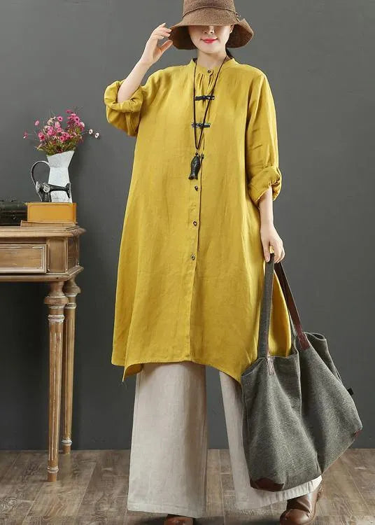 Art Yellow Blouses for Stand Collar Asymmetric Spring Top