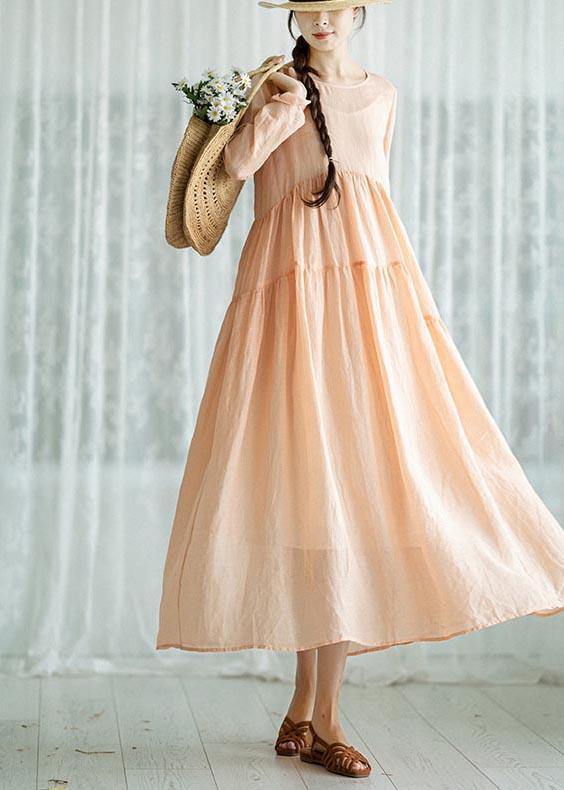 Modern Pink Patchwork Linen Asymmetrical Design Summer Ankle Dress
