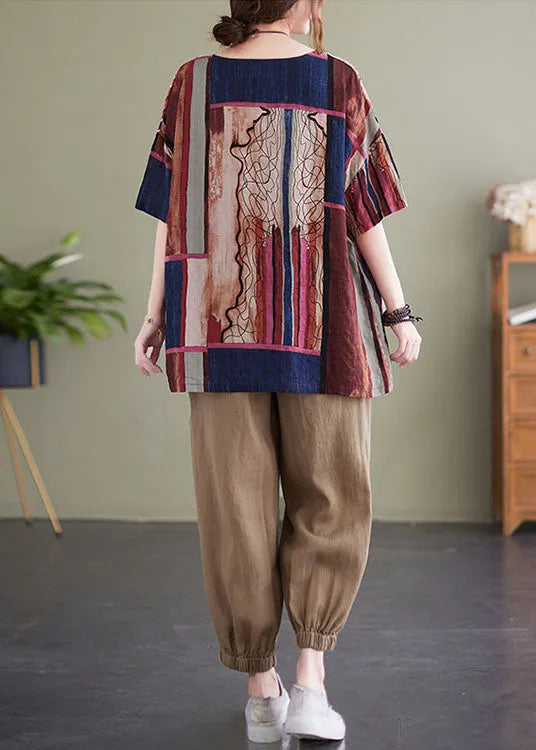 Chocolate Red Print Cotton Loose Tank Tops O-neck Short Sleeve
