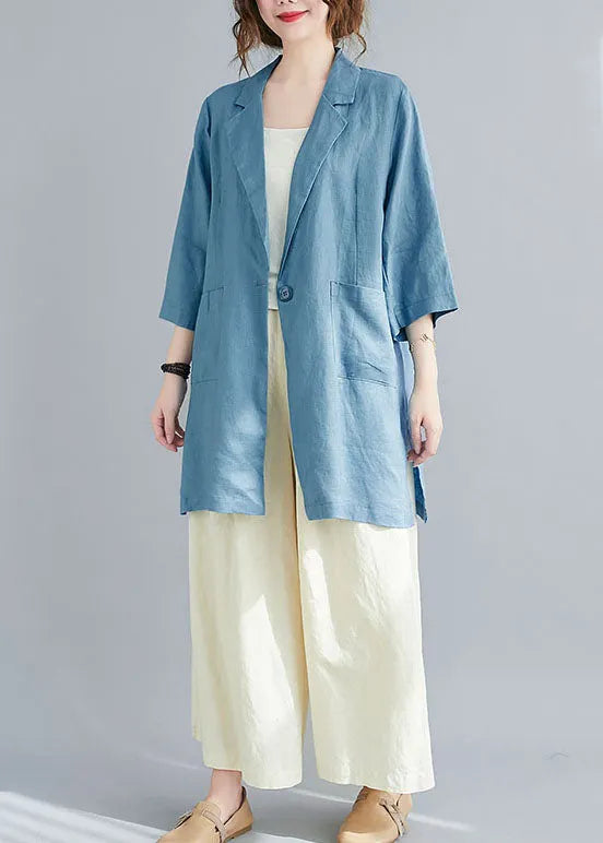 Natural Blue Notched Button Pockets Fall Three Quarter Sleeve Blouse Top