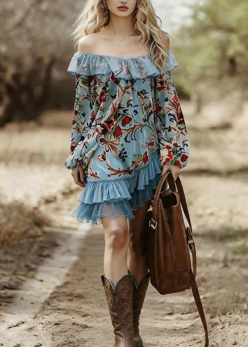 Blue Slash Neck Print Wrinkled Patchwork Mid Dress Spring