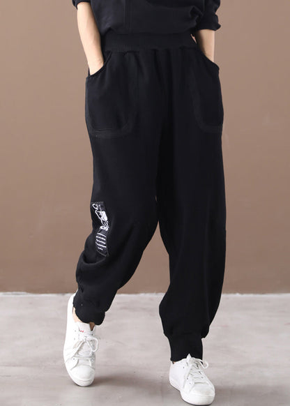 Black Print Pockets Elastic Waist Cotton Beam Pants Fall