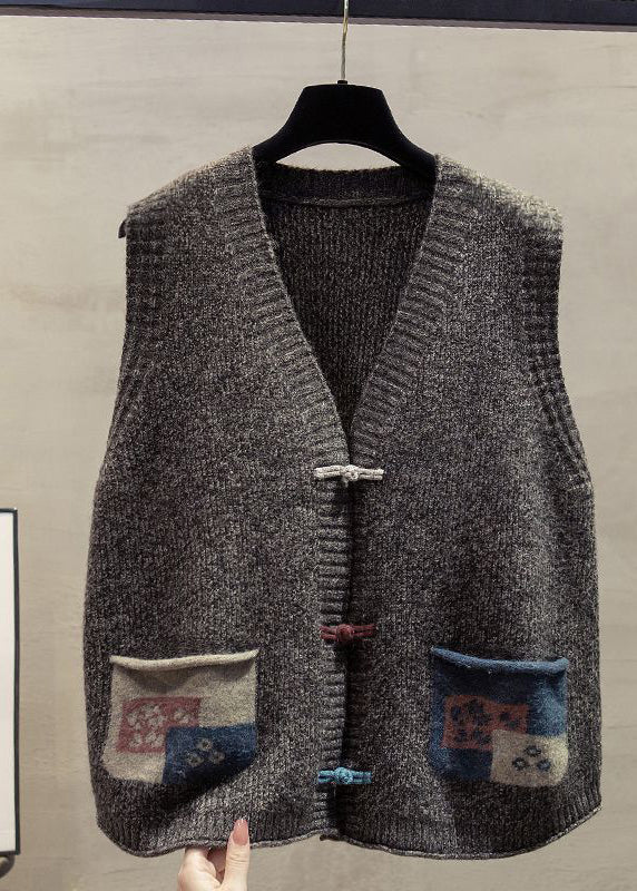 Art Dark Blue Chinese Button Patchwork Pockets Knitted Vests Spring