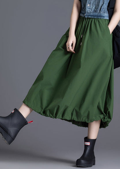 Diy Army Green Elastic Waist Drawstring Cotton Skirt Spring