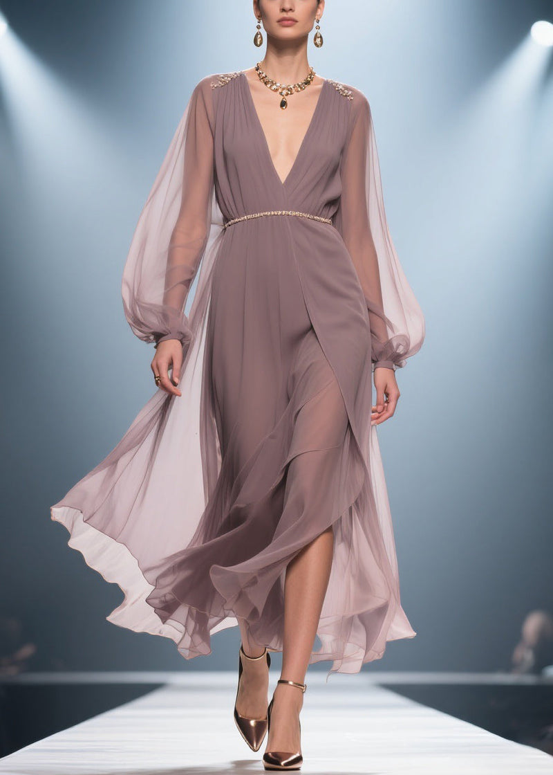 Stylish Soft Misty Purple Gray V Neck Wrinkled High Waist Chiffon Long Dresses Summer