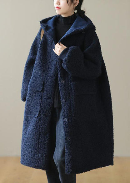 Blue Hooded Button Faux Fur Winter Coat