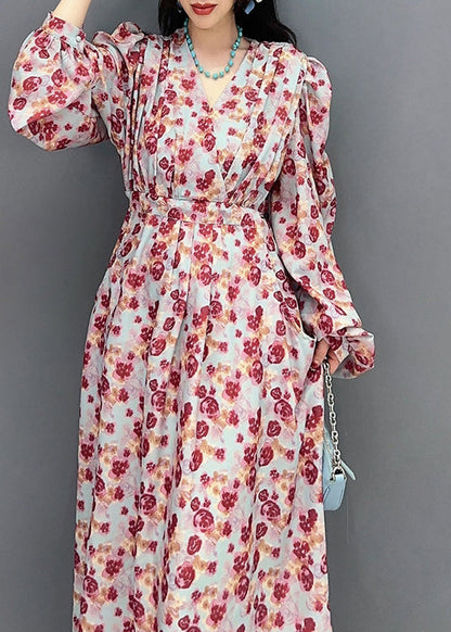 V Neck Print Tie Waist Long Dress Spring