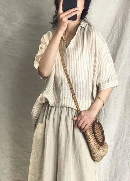 Grey V Neck Striped Linen Top Short Sleeve