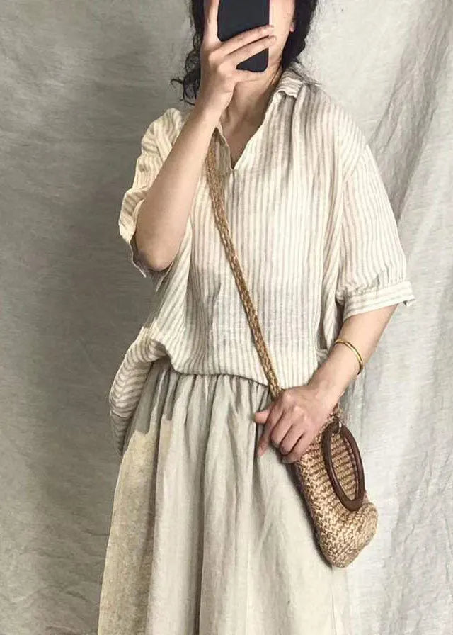 Grey V Neck Striped Linen Top Short Sleeve