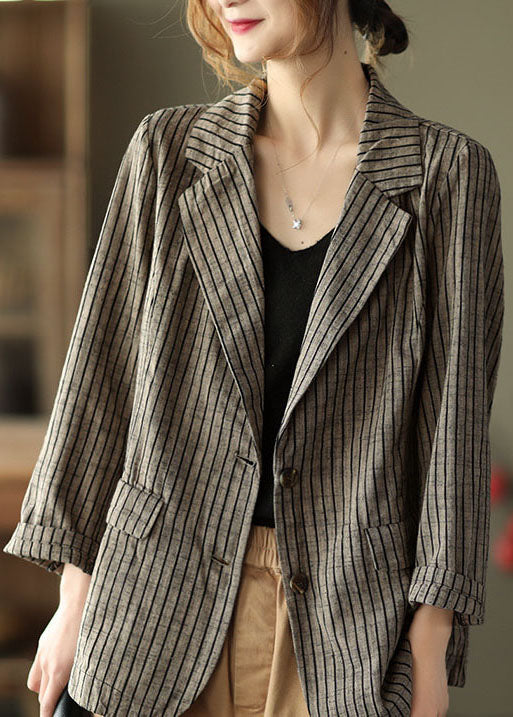 Light Button Pockets V Neck Striped Coats Long Sleeve Fall