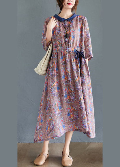 Tie Waist Print Pockets Fall Mid Dress Half Sleeve