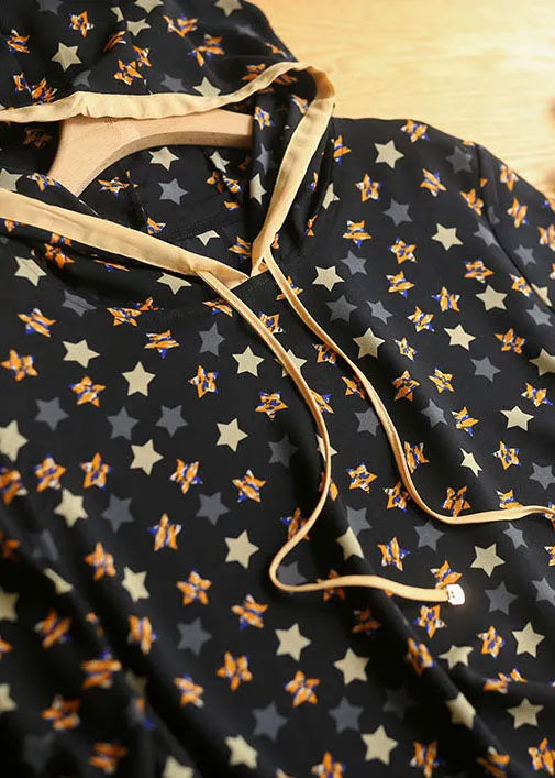 Black Drawstring Hooded Pentagram Print Silk Top Summer