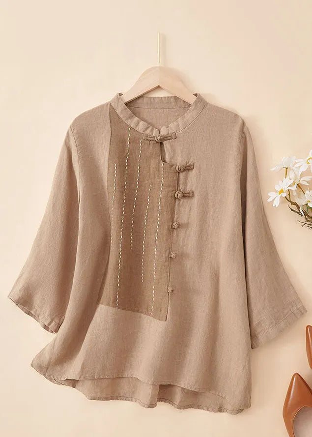 Yellow Stand Collar Patchwork Button Linen Top Bracelet Sleeve