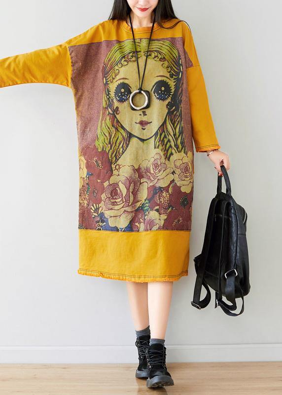 French Yellow U Neck Dress Character Print Spring Ankle Dress
