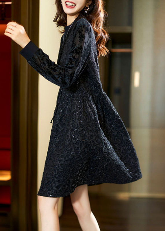 Jacquard Black O-neck Patchwork Nail Bead Fake Two Pieces Mid Dress Fall